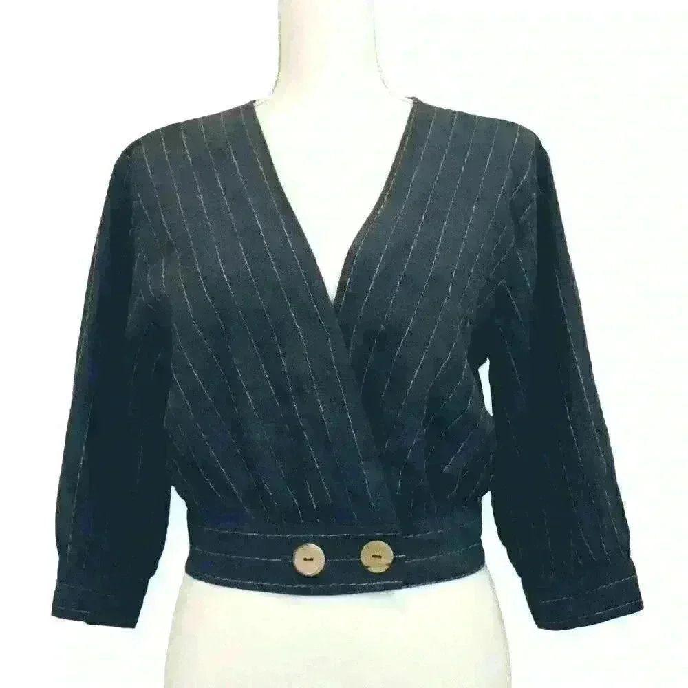 Oat New York Cropped Wrap Top Gray/Blue Linen Pinstripe Pullover Size Medium
